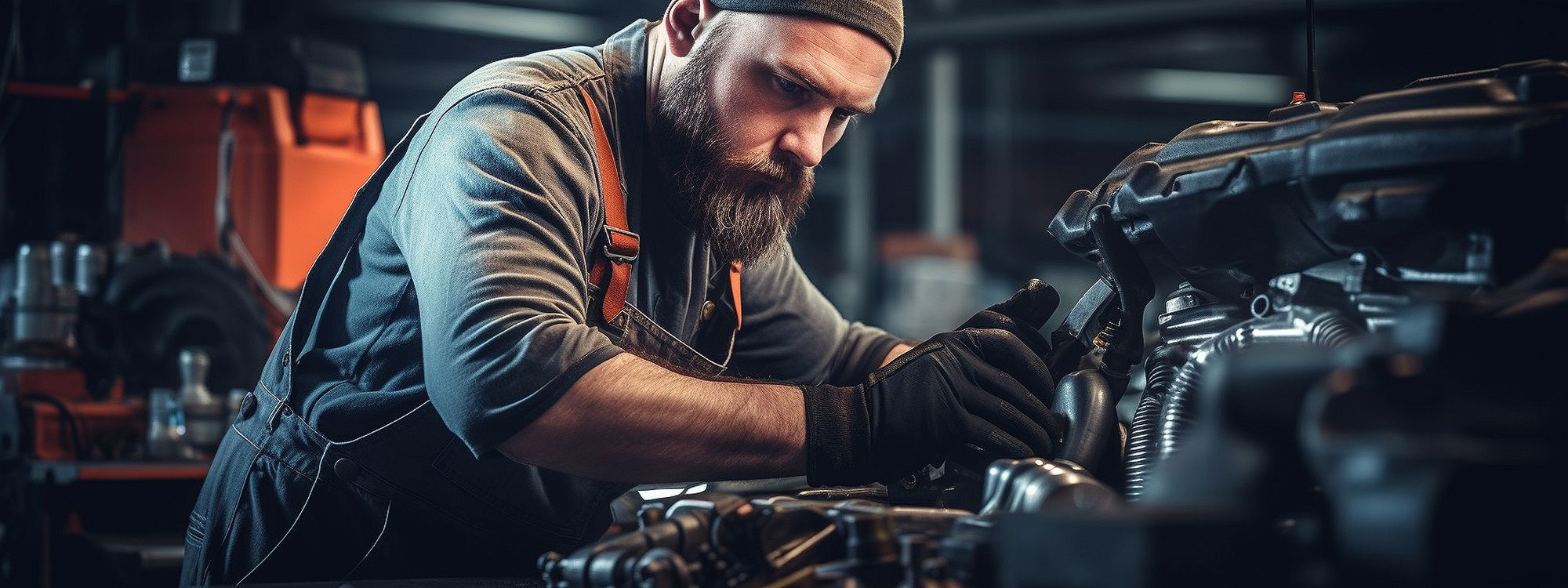 KFZ-Mechaniker mit Bart arbeitet mit Handschuhen im Motorraum